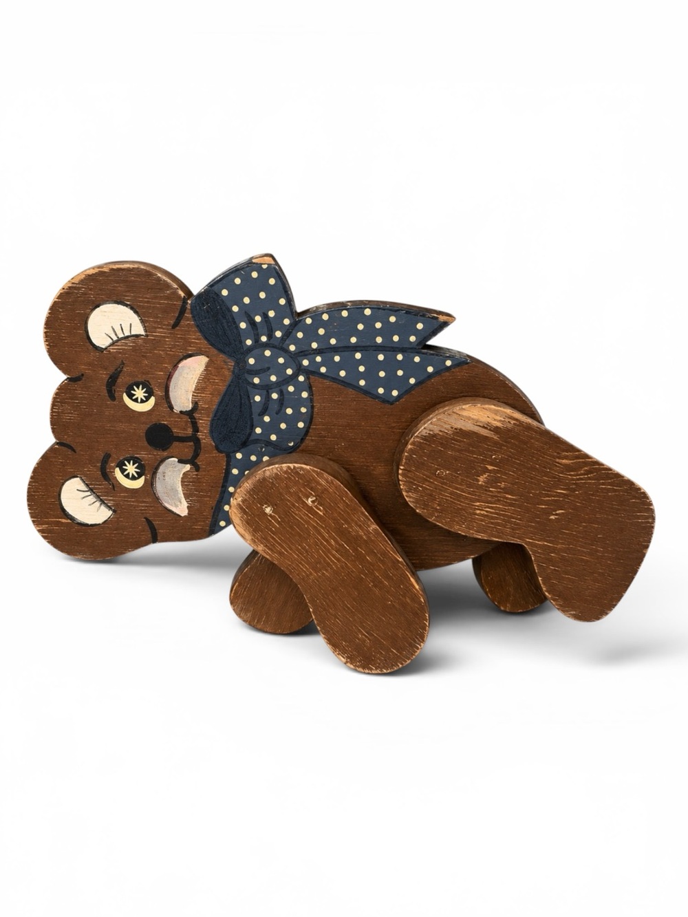 Vintage Handmade Wooden Teddy Bear Shelf Sitter Folk Art Decor Polka Dot Bow